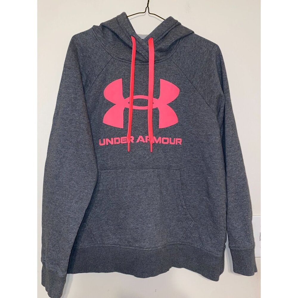 Women's Under Armour Gray Pink Logo Loose Fit Fleece Hoodie Sweatshirt Sz Large